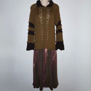 Galina Original Jeff & Co Boho Knit Hooded Cardigan Dress Floral Applique Olive